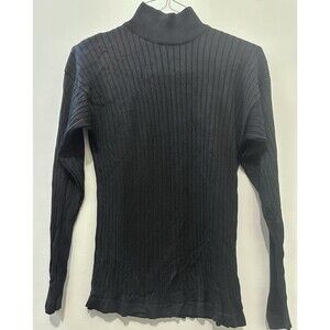 Black 100% Spun Silk Ribbed Mock Neck Long Sleeve Knit Top Stretch Size L